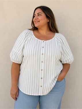 Unique Spectrum Cream and White Striped Button-Front Blouse